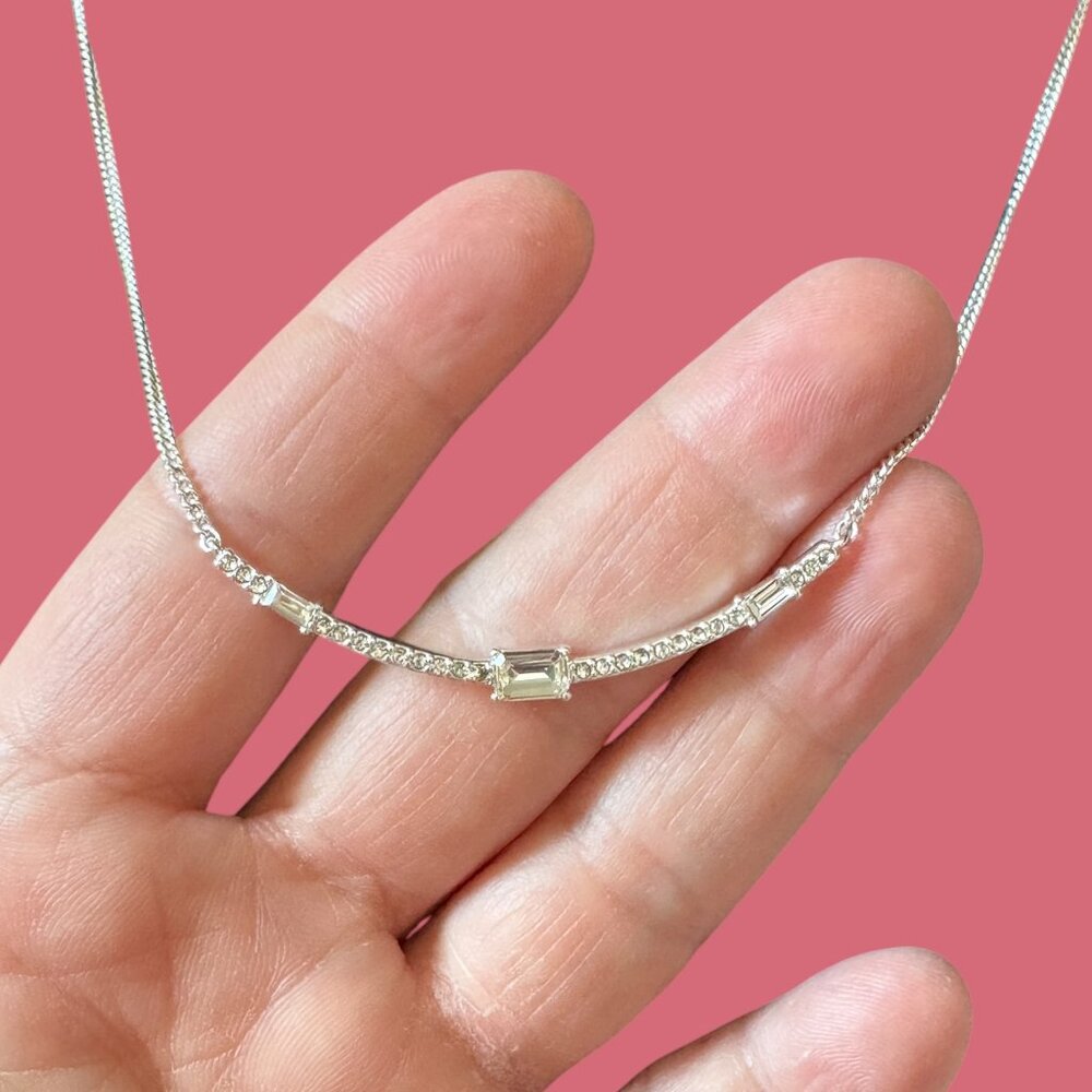 NWT Lauren Ralph Lauren Silver Tone Baguette Crystal Collar Necklace, 16"